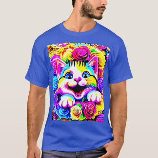 Psychedelische Regenbogenkatze in einem blühenden  T-Shirt