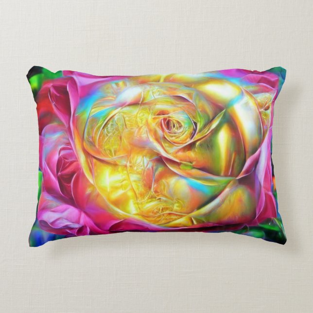 Psychedelische RegenbogenRose Dekokissen (Vorderseite)