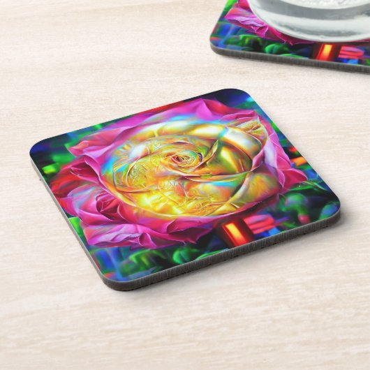 Psychedelische RegenbogenRose Getränkeuntersetzer (Linke Seite)