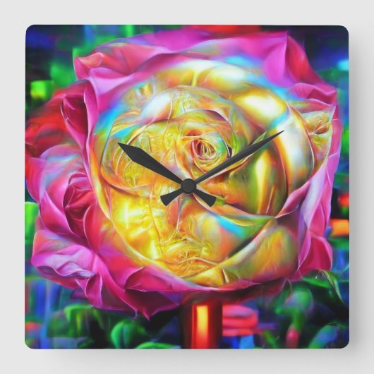 Psychedelische RegenbogenRose Quadratische Wanduhr (Vorderseite)