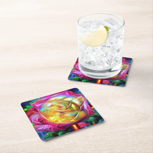 Psychedelische RegenbogenRose Rechteckiger Pappuntersetzer (Vor Ort)