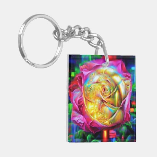 Psychedelische RegenbogenRose Schlüsselanhänger (Vorderseite links)