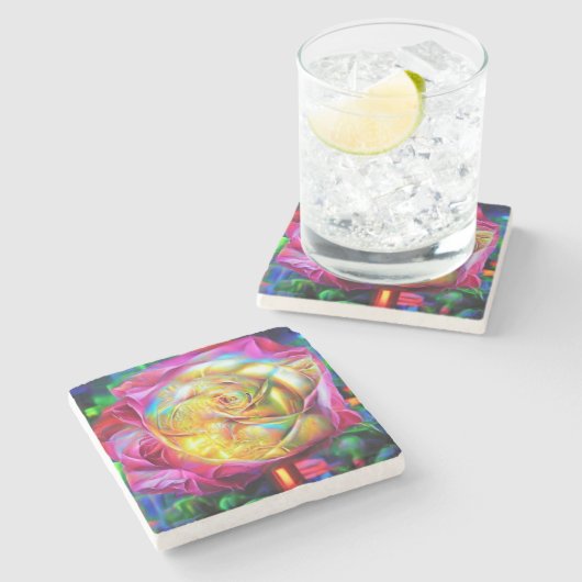 Psychedelische RegenbogenRose Steinuntersetzer (Seitenansicht)