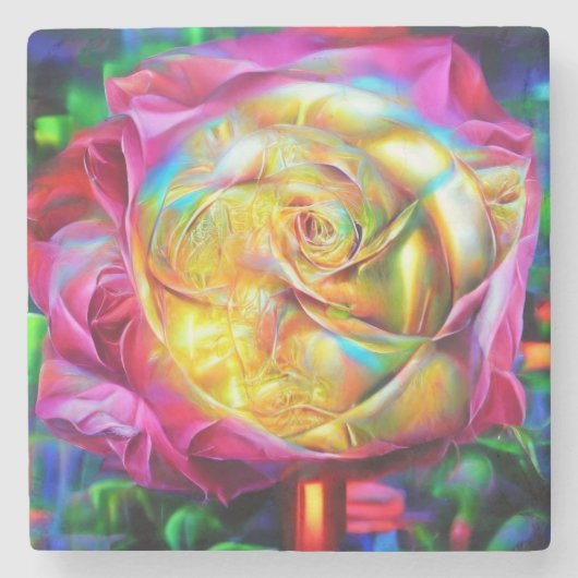 Psychedelische RegenbogenRose Steinuntersetzer (Vorderseite)