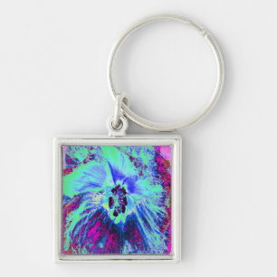 Psychedelische Retro-Grün- und Blaue Hibiskusblüte Schlüsselanhänger