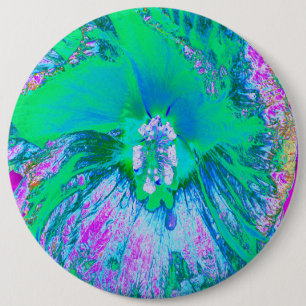 Psychedelische Retro-Grüne und Hot-Pink-Hibiskus Button