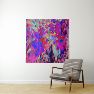 Psychedelische Retro-Karmesin- und Magenta-Wildblu Wandteppich