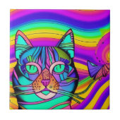 Psychedelische, schwere Katze bunt lila Fuschia Fliese (Vorderseite)