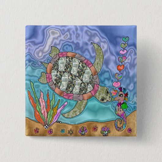 Psychedelische Seeschildkröte-Seepferd-Kunst Button (Vorderseite)