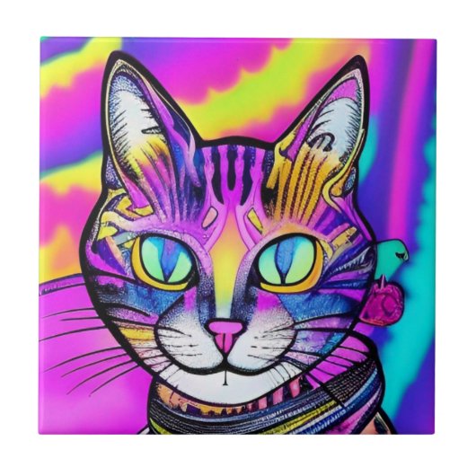 Psychedelische Smirkatze farbenfrohe lila Fuchsie Fliese (Vorderseite)
