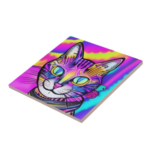 Psychedelische Smirkatze farbenfrohe lila Fuchsie Fliese (Seite)