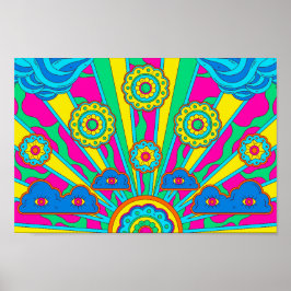 Psychedelische Sonne, Wolken und Blume Poster