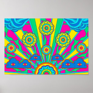 Psychedelische Sonne, Wolken und Blume Poster