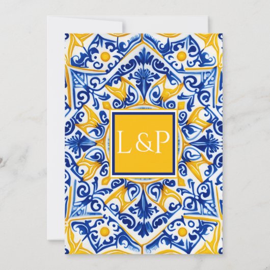 Psychedelische Stimmen: Groovy Blue Tile Wedding Einladung (Rückseite)