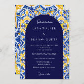 Psychedelische Stimmen: Groovy Blue Tile Wedding Einladung (Vorne/Hinten)