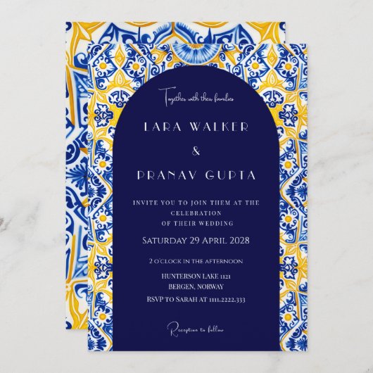 Psychedelische Stimmen: Groovy Blue Tile Wedding Einladung (Vorne/Hinten)