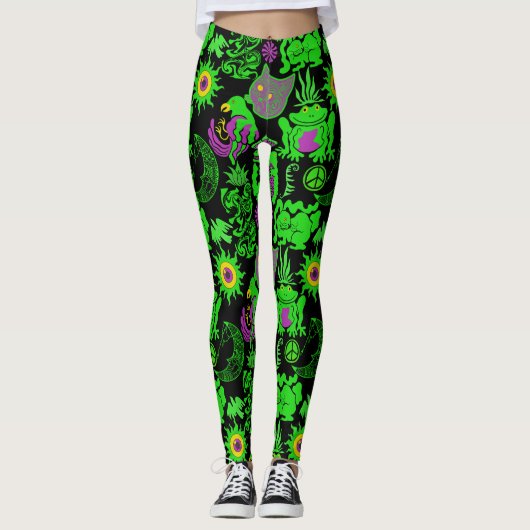 Psychedelische Tiere Muster Black BG Leggings (Vorderseite)
