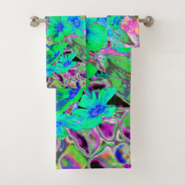 Psychedelische Trippy Lime Green and Blue Flowers Badhandtuch Set
