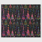 Psychedelische Weihnachtsbaumen auf schwarz Geschenkpapier (Flach)