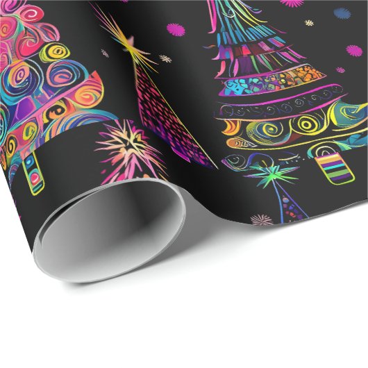 Psychedelische Weihnachtsbaumen auf schwarz Geschenkpapier (Rolleneckpunkt)