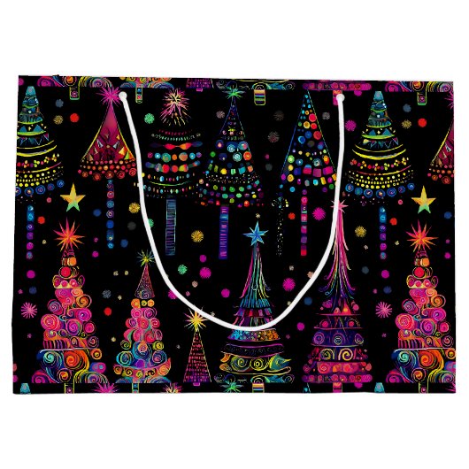 Psychedelische Weihnachtsbaumen auf schwarz Große Geschenktüte (Rückseite)