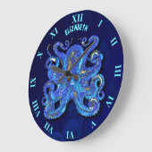 Psychedelischer blauer Kraken mit braunen Augen Große Wanduhr (Winkel)