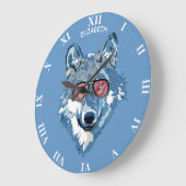 Psychedelischer blauer Wolf mit den rosa Große Wanduhr (Winkel)