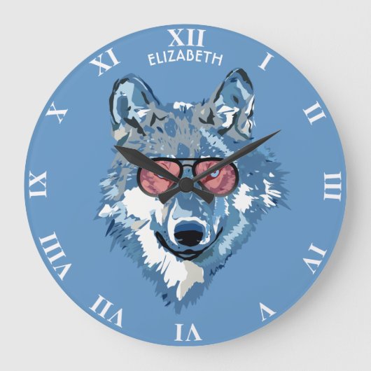 Psychedelischer blauer Wolf mit den rosa Große Wanduhr (Vorderseite)