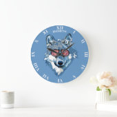 Psychedelischer blauer Wolf mit den rosa Große Wanduhr (Zuhause)