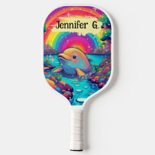 Psychedelischer Delfin-Jubel – Regenbogen-Wassersz Pickleball Schläger