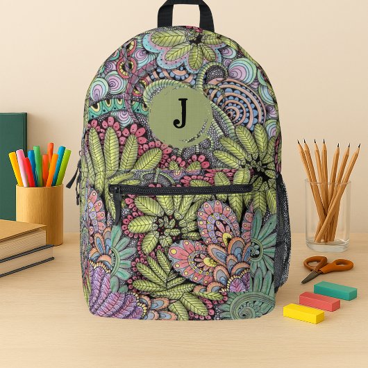 Psychedelischer Garten handGezeichnet florale Mono Bedruckter Rucksack