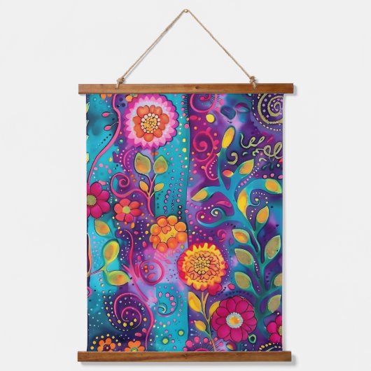 Psychedelischer Garten - Whimsy in Bloom Wandteppich Mit Holzrahmen (Vorderseite)