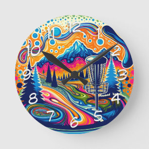 Psychedelischer Golfplatz in den Bergen Runde Wanduhr