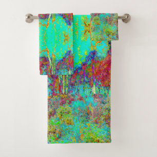 Psychedelischer Herbst Gold und Aqua Garden Landsc Badhandtuch Set
