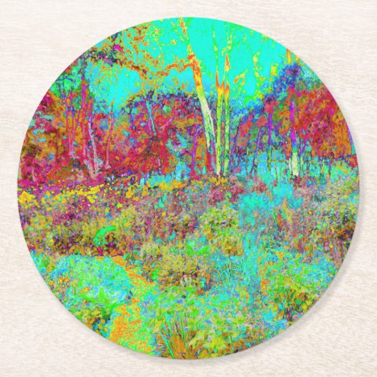 Psychedelischer Herbst Gold und Aqua Garden Landsc Runder Pappuntersetzer (Vorderseite)