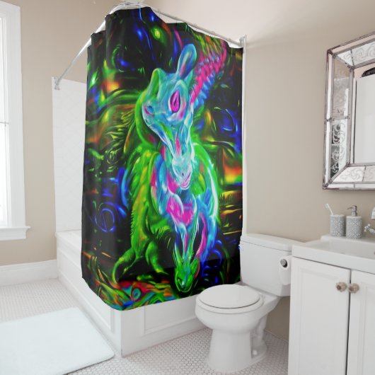 Psychedelischer Kaninchendrache in Neon Fantasy Duschvorhang (Beispiel)