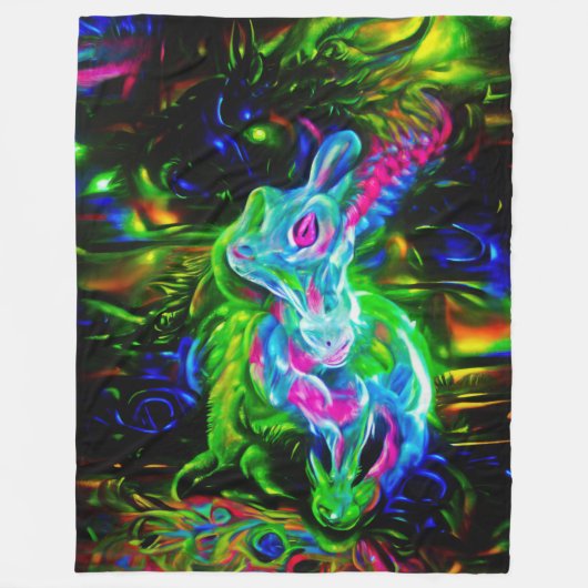 Psychedelischer Kaninchendrache in Neon Fantasy Fleecedecke (Vorderseite)