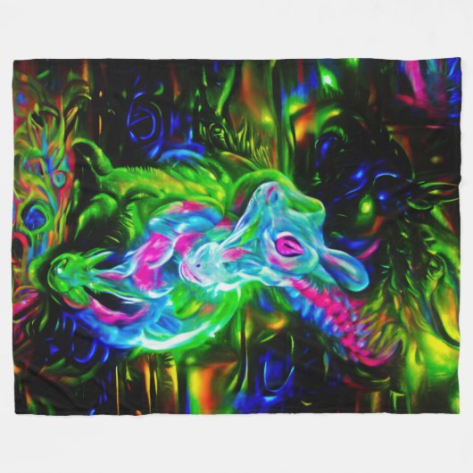 Psychedelischer Kaninchendrache in Neon Fantasy Fleecedecke (Vorderseite (Horizontal))