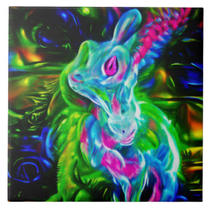 Psychedelischer Kaninchendrache in Neon Fantasy Fliese