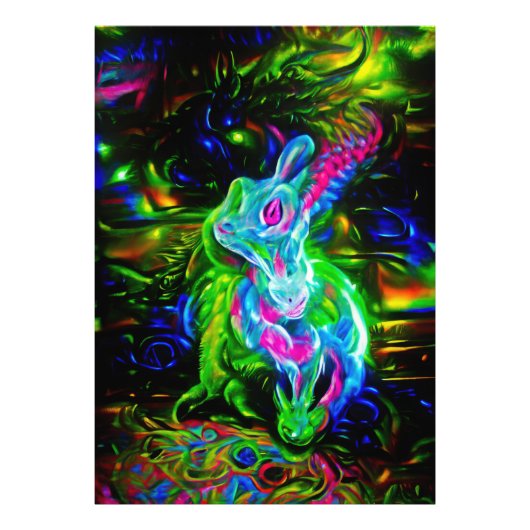 Psychedelischer Kaninchendrache in Neon Fantasy Fotodruck (Vorne)