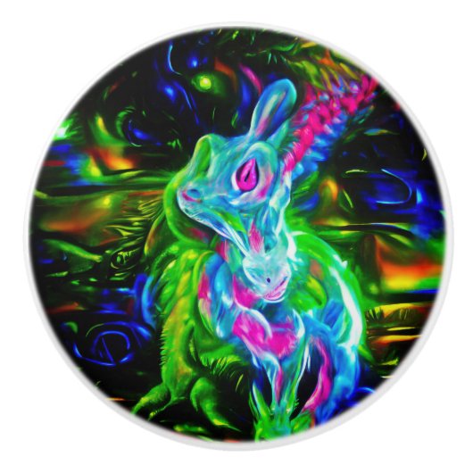 Psychedelischer Kaninchendrache in Neon Fantasy Keramikknauf (Vorderseite)
