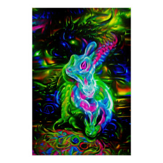 Psychedelischer Kaninchendrache in Neon Fantasy Poster