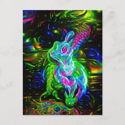 Psychedelischer Kaninchendrache in Neon Fantasy Postkarte (Vorderseite)