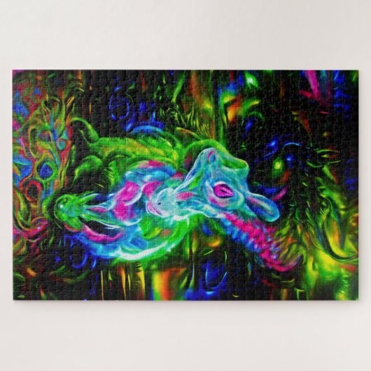 Psychedelischer Kaninchendrache in Neon Fantasy Puzzle (Horizontal)