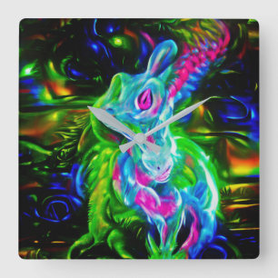 Psychedelischer Kaninchendrache in Neon Fantasy Quadratische Wanduhr