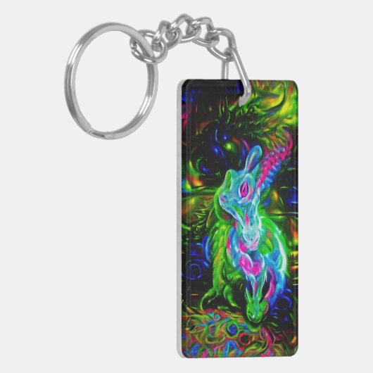 Psychedelischer Kaninchendrache in Neon Fantasy Schlüsselanhänger (Vorderseite links)