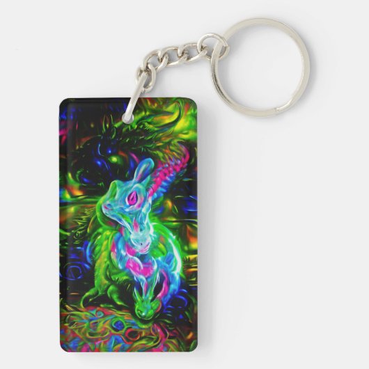 Psychedelischer Kaninchendrache in Neon Fantasy Schlüsselanhänger (Rückseite)