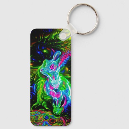 Psychedelischer Kaninchendrache in Neon Fantasy Schlüsselanhänger (Rückseite)