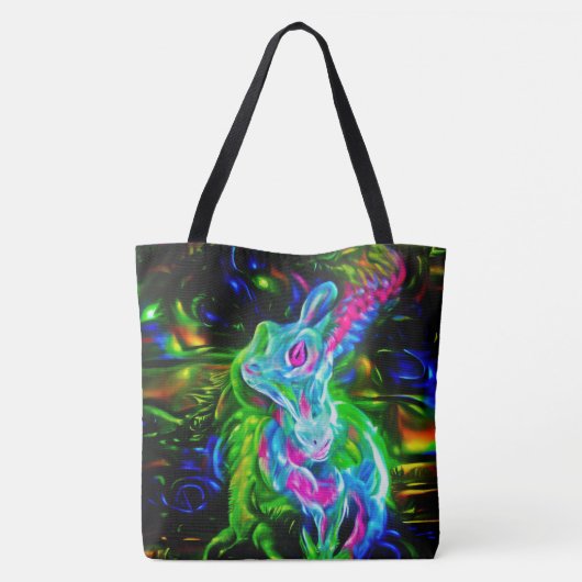Psychedelischer Kaninchendrache in Neon Fantasy Tasche (Rückseite)