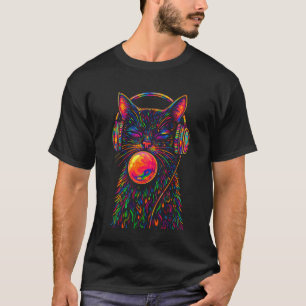 Psychedelischer Katzen-Kopfhörer Trippy Regenbogen T-Shirt